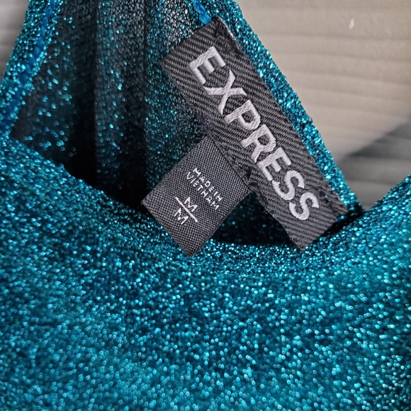 EXPRESS Glitzy Shimmery Metallic Turquoise Festive Semi-sheer Racerback Tank Top - Picture 8 of 16